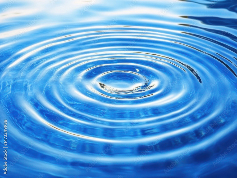 Poster A single drop creates concentric ripples on a calm, blue water surface, reflecting light and creating a mesmerizing pattern of circular waves. : Generative AI