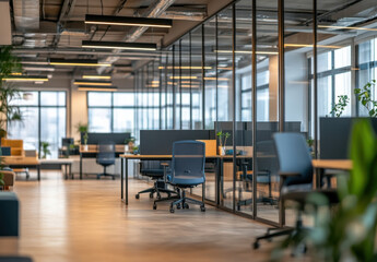 Modern office interior with glass partitions, sleek desks, and comfortable ergonomic chairs, showcasing a bright and airy workspace design. : Generative AI