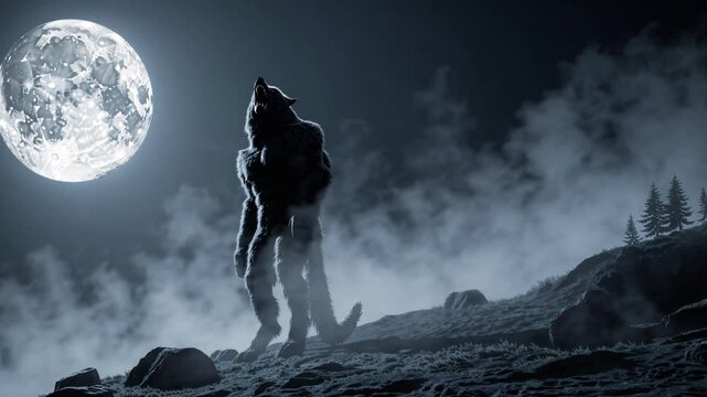 Muscular lycanthrope howling intensely while standing against moonlit misty wilderness, revealing powerful supernatural transformation beneath dramatic nighttime landscape