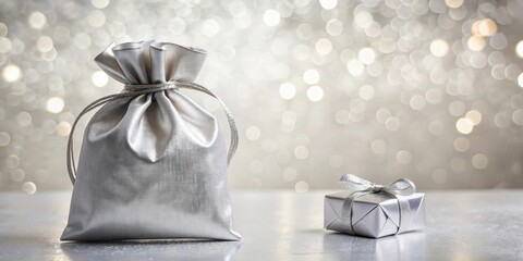 Silver satin drawstring bag and a small gift box on a shiny surface