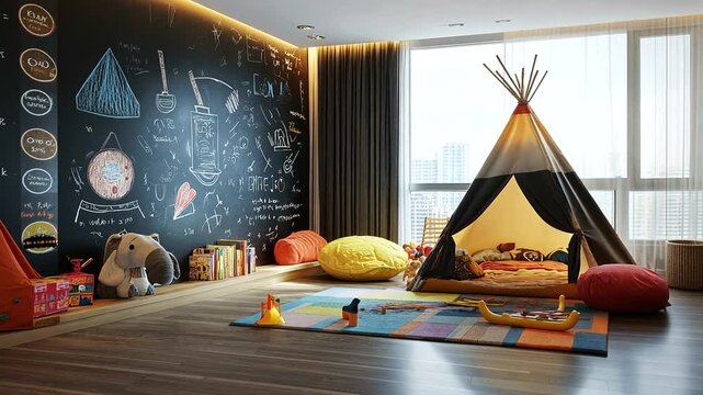 Cozy children's playroom with a teepee, colorful toys, and educational wall art in a sunny apartment