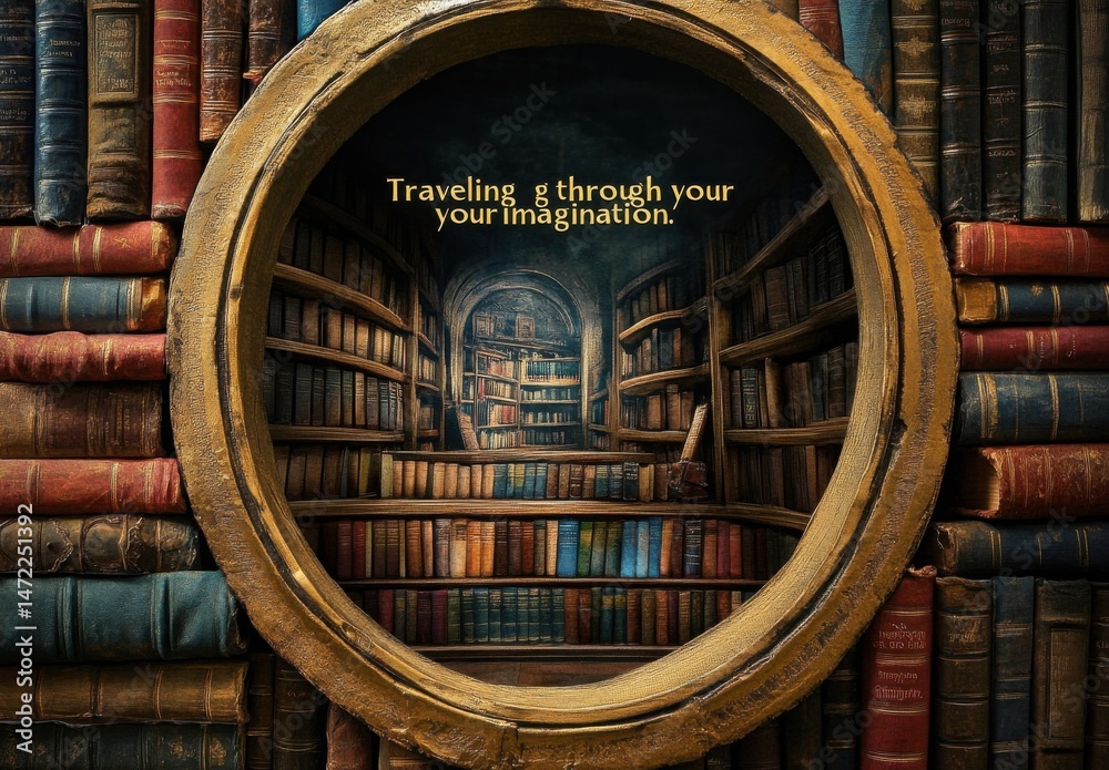 Poster a journey through the imagination: an oval portal reveals a captivating library scene, filled with c