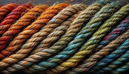 A close up vibrant array of beautifully braided ropes showcases of a bunch of multi colored yarn        
Skeins Arranged in Rows for Crafting and Textiles.                         