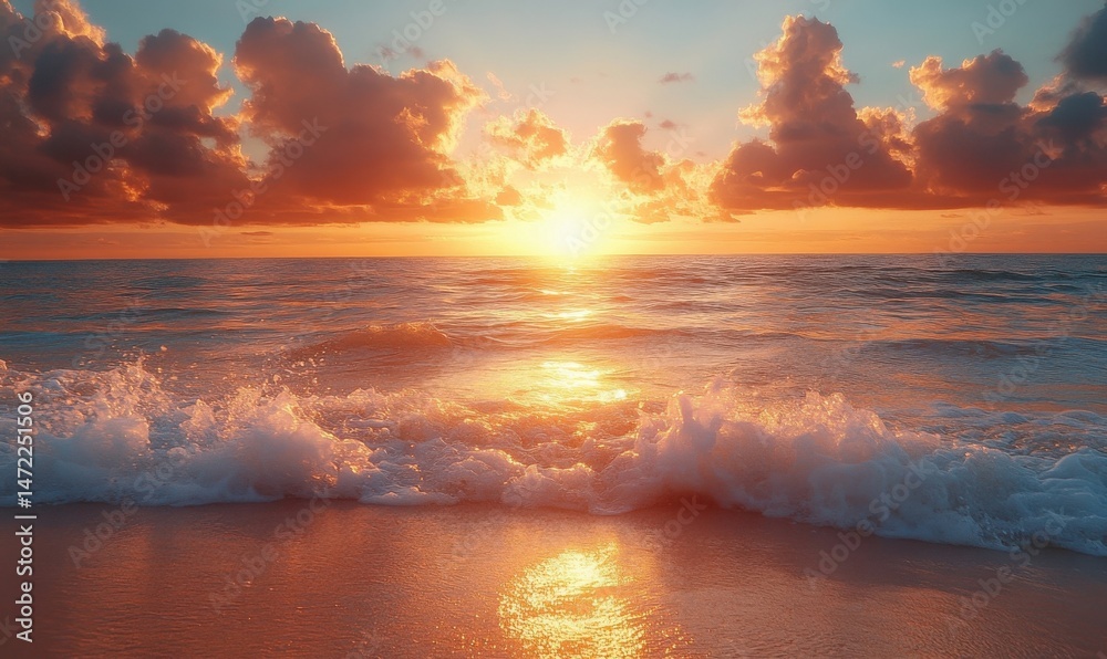 Poster golden sunset over ocean waves gently breaking on a sandy beach, creating a serene and peaceful atmo