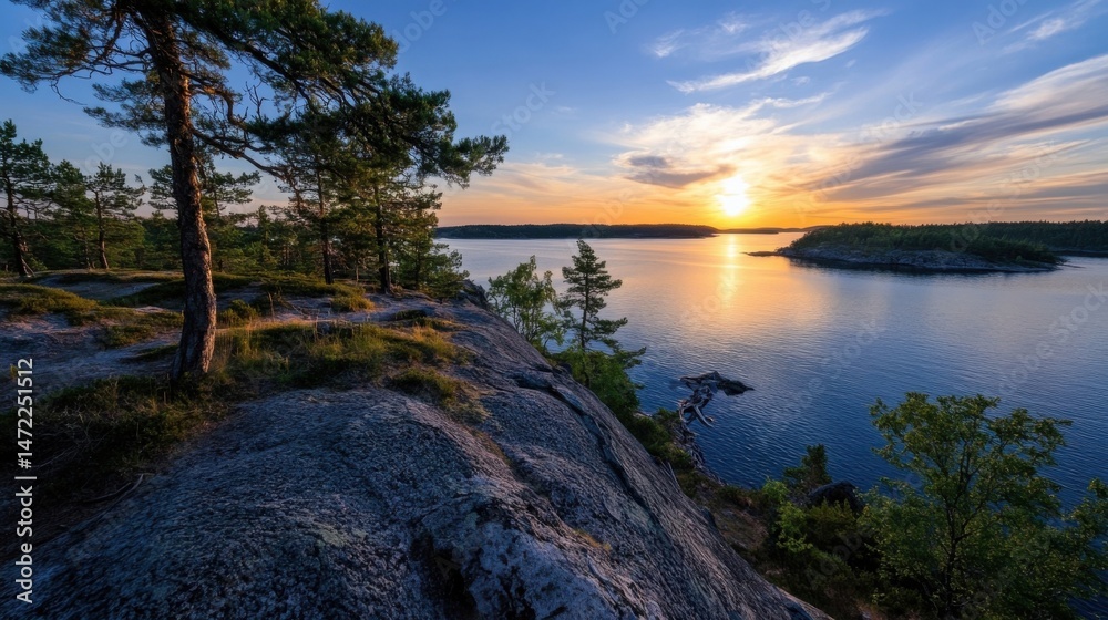 Poster sunset over a tranquil archipelago, viewed from a rocky clifftop. pine trees frame the golden hour l