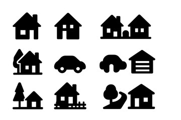 Vector icons representing various house types, vehicles, and trees in a cohesive black design for home-related themes