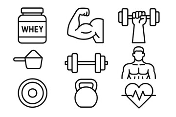 Fitness and nutrition related vector icons showcasing gym equipment, supplements, and health symbols for wellness enthusiasts