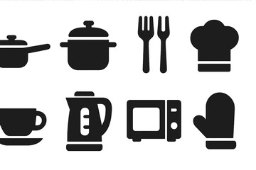 Vector icon collection showcasing various kitchen utensils and appliances in a minimalist design suitable for culinary themes