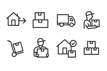 Vector icons illustrating various stages of the delivery process including pickup, transit, and drop-off locations