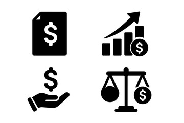Icon set illustrating financial concepts including money management, growth, and balance in business transactions