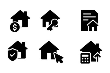Vector icons representing home ownership concepts including mortgage, keys, property documents, and calculations