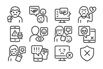 Vector icon collection representing various emotional responses to online interactions and digital threats in modern society