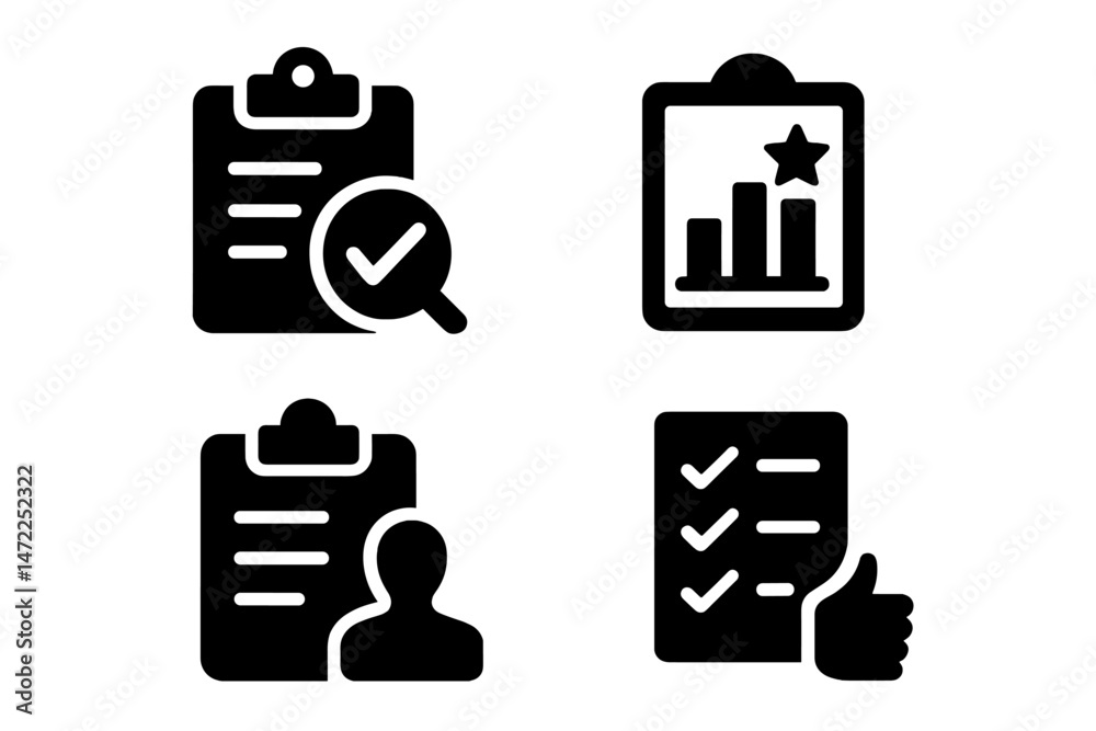 Poster vector icons representing task management, analysis, and user interaction for organizational process