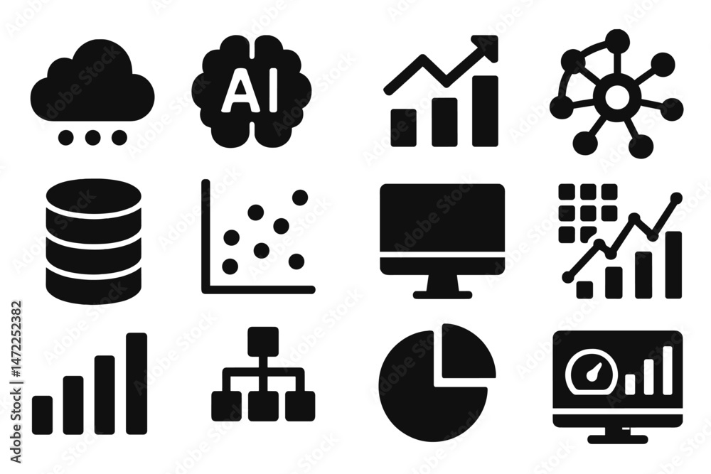 Poster vector icons representing data analysis, artificial intelligence, and data visualization in a modern
