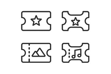 Vector icons depicting different types of tickets with varying designs and symbols for events and activities