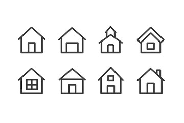 Vector icon set featuring multiple simple house designs and styles for use in various digital applications