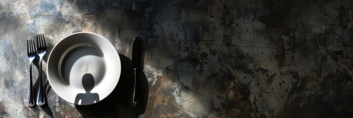 World eating disorders day concept with shadow of a spoon on plate. Mental disorder, anorexia, bulimia. Mental health problem. World Hunger Day. Copy space. Horizontal banner