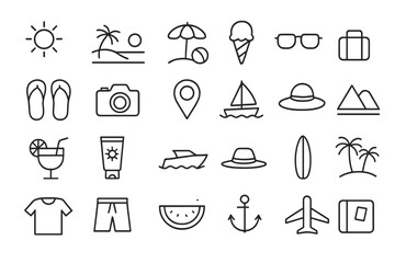 Summer vacation vector icons showcasing beach activities, travel essentials, and leisure items for a fun holiday experience