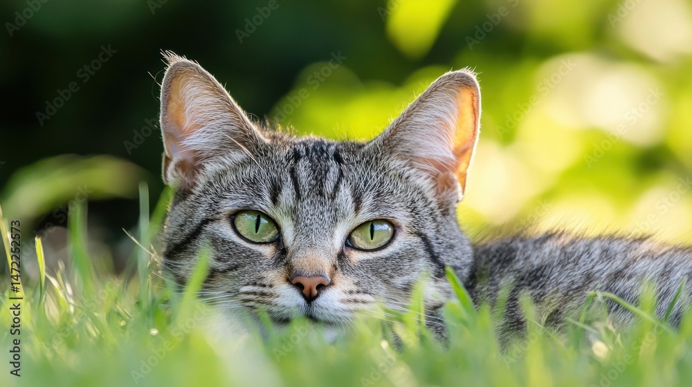 Poster a gray tabby cat with striking green eyes peers from the tall grass, sunlight illuminating its fur, 
