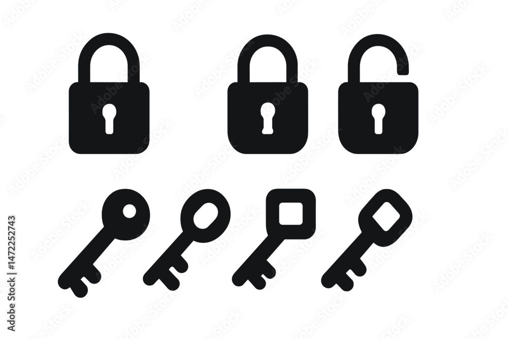 Poster vector icon set depicting locks and keys in black silhouette style for security and access represent