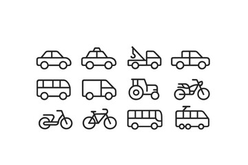 Various vector icons representing different types of vehicles including cars, bikes, and public transport options