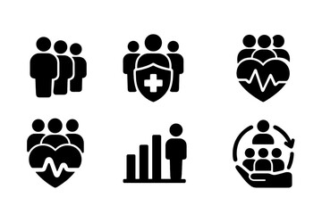 Vector icons representing health, teamwork, and well-being in various styles for digital design purposes
