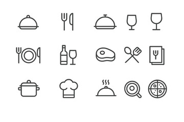 Collection of vector icons representing culinary tools and dining elements suitable for menus and food-related designs