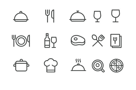 Collection of vector icons representing culinary tools and dining elements suitable for menus and food-related designs