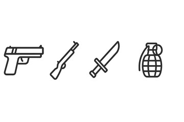 Vector icon set featuring various weapons including a handgun, rifle, knife, and grenade for graphic design purposes