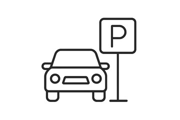 Vector icon depicting a parked car next to a parking sign indicating available space for vehicles