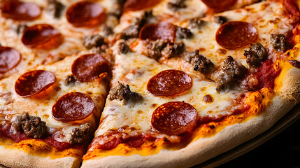 Close-up of a delicious pizza with pepperoni and meat toppings (1)