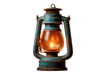 [Transparent Background PNG]Vintage Rusty Blue Oil Lamp with Warm Light