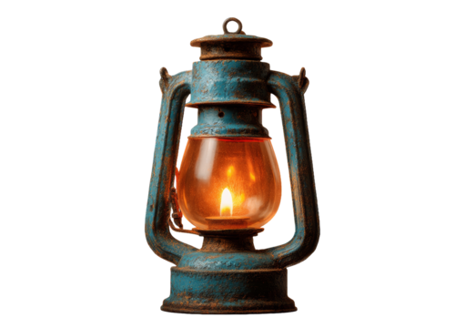 [Transparent Background PNG]Vintage Rusty Blue Oil Lamp with Warm Light