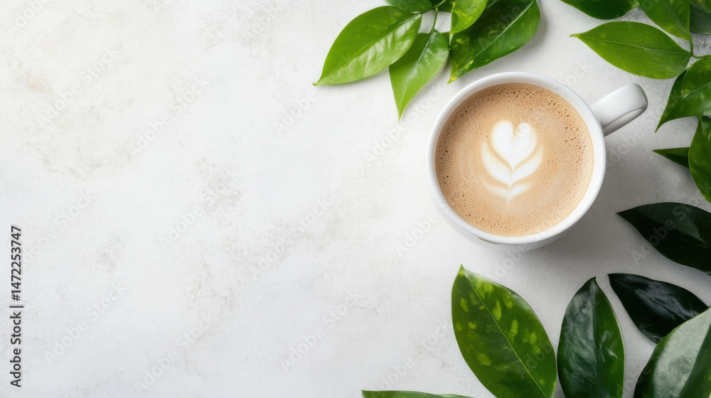 Poster a cup of cappuccino with latte art sits on a light textured surface, surrounded by vibrant green lea