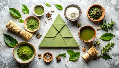 Matcha tea preparation japanese kitchen culinary art minimalist environment bird's eye view organic living