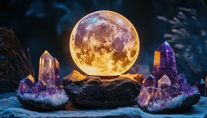 A glowing full-moon orb on a wooden base surrounded by amethyst crystals and white crystal substances against a dark forest-like backdrop.