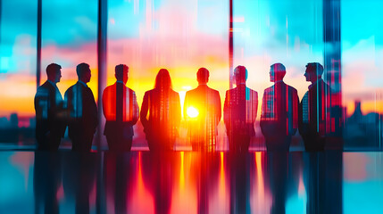 Silhouetted business team admires vibrant sunset cityscape from a modern office