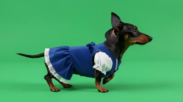 Dachshund dog wearing blue dress costume isolated on green background