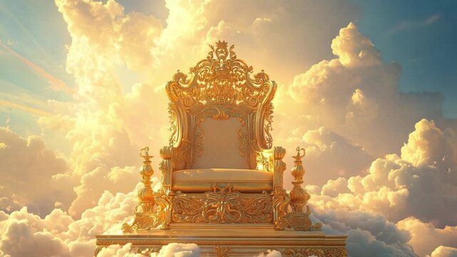 A golden throne rests atop clouds as sunlight streams through during early morning, creating an ethereal atmosphere