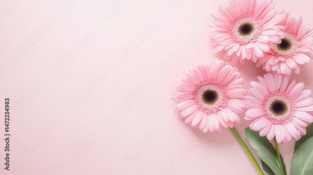 Poster pink gerbera daisies arranged on a pale pink background, creating a delicate and feminine floral com