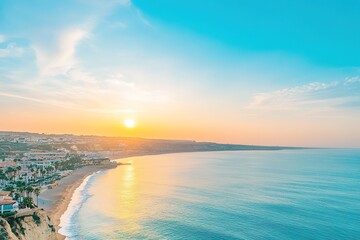 Obraz premium Seaside cliffside residences meet ocean at sunrise, clear turquoise sky