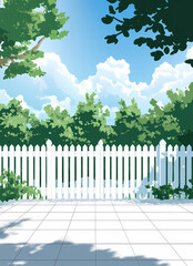 Obraz premium Summer Day Backyard Scene with White Fence