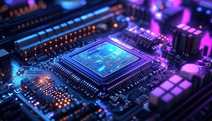 Fototapeta premium A close-up of a circuit board with a central chip and electronic components, illuminated with blue and purple lights.