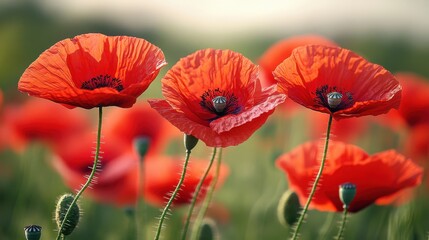 Fototapeta premium A cluster of bright red poppies stand tall in a sunny field, gently swaying in the breeze. The flowers display intricate details, highlighting their natural beauty during springtime
