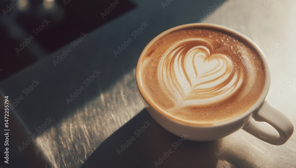 Poster aromatic latte art: a close-up view of a cappuccino with a heart-shaped design, sunlight illuminatin