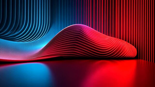 A dynamic, abstract composition of glowing red and blue parallel lines forming a wave-like structure over a reflective surface