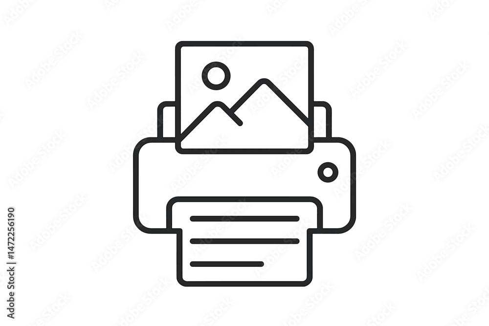 Poster vector icon depicting a printer outputting a printed document with an image inside, symbolizing phot