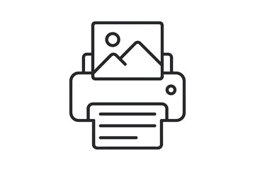 Vector icon depicting a printer outputting a printed document with an image inside, symbolizing photo printing and digital documentation