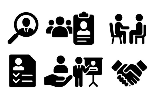 Vector icons representing various aspects of recruitment, job interviews, and employee management in a professional setting