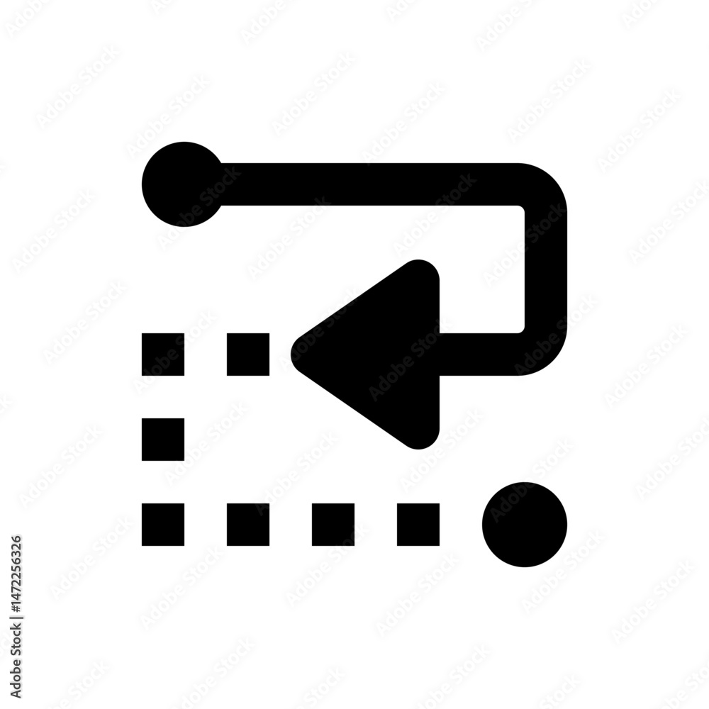 Poster black arrow looping back with a rounded corner above a grid of squares and a circle on a white backg